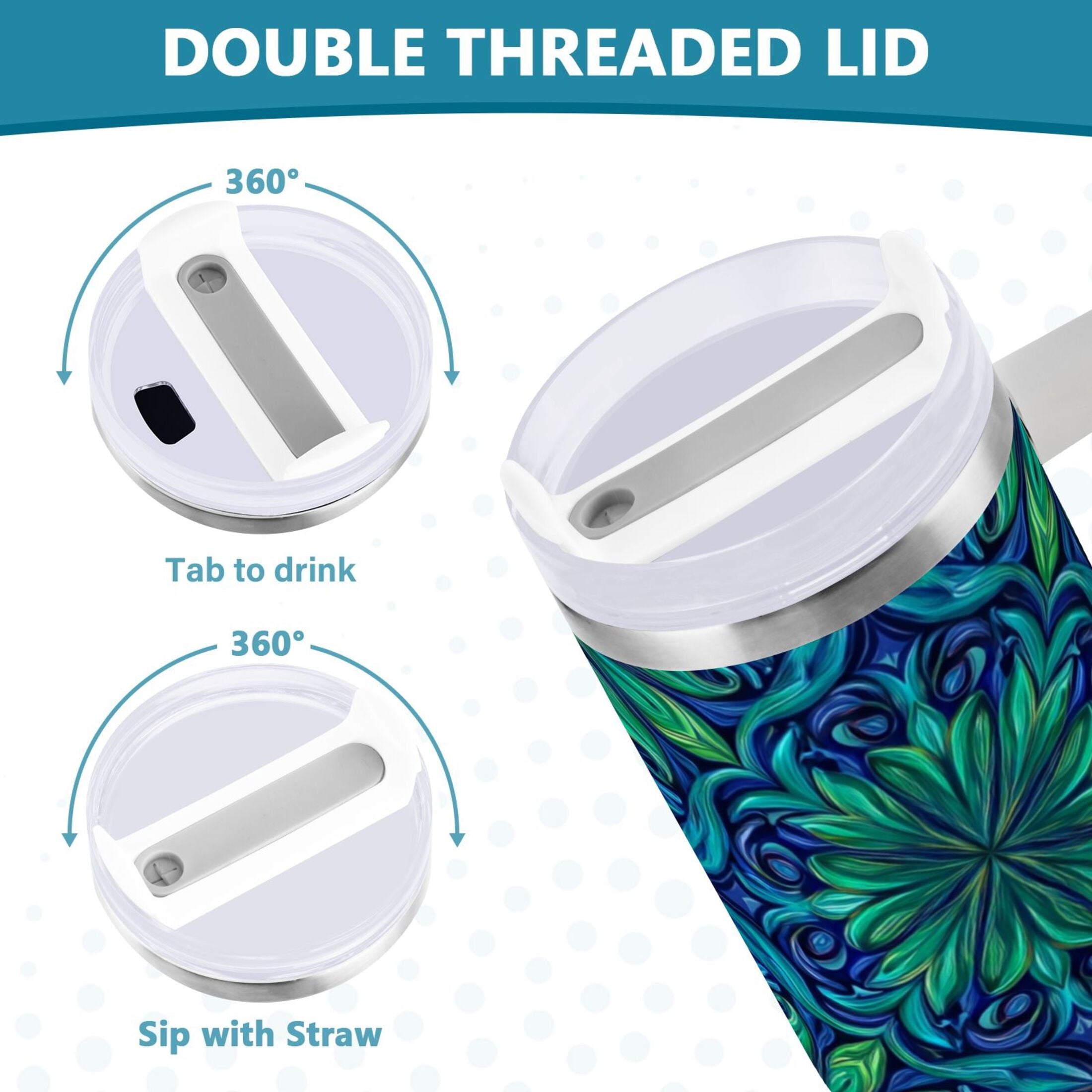 40 oz Insulated Stainless Steel Tumbler Double Wall Stainless Steel Tumbler with 2-Way Drinking Elegant Blue Traditional Patterns