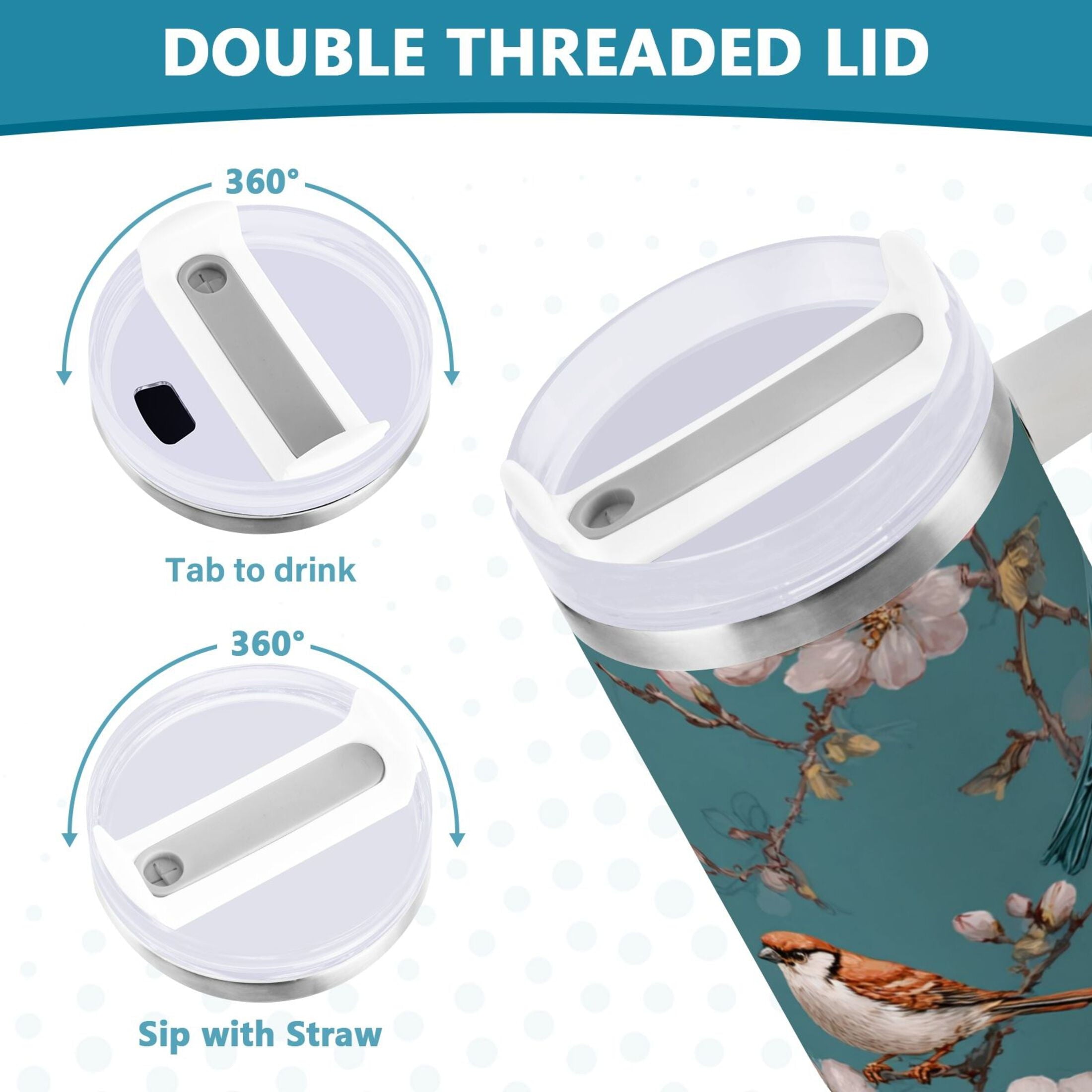 30 oz Insulated Stainless Steel Tumbler Double Wall Stainless Steel Tumbler with 2-Way Drinking Birds and Cherry Pattern