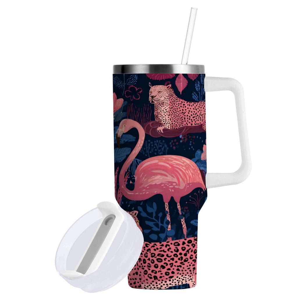 30 oz Insulated Stainless Steel Tumbler Double Wall Stainless Steel Tumbler with 2-Way Drinking Flamingos and Leopard Print