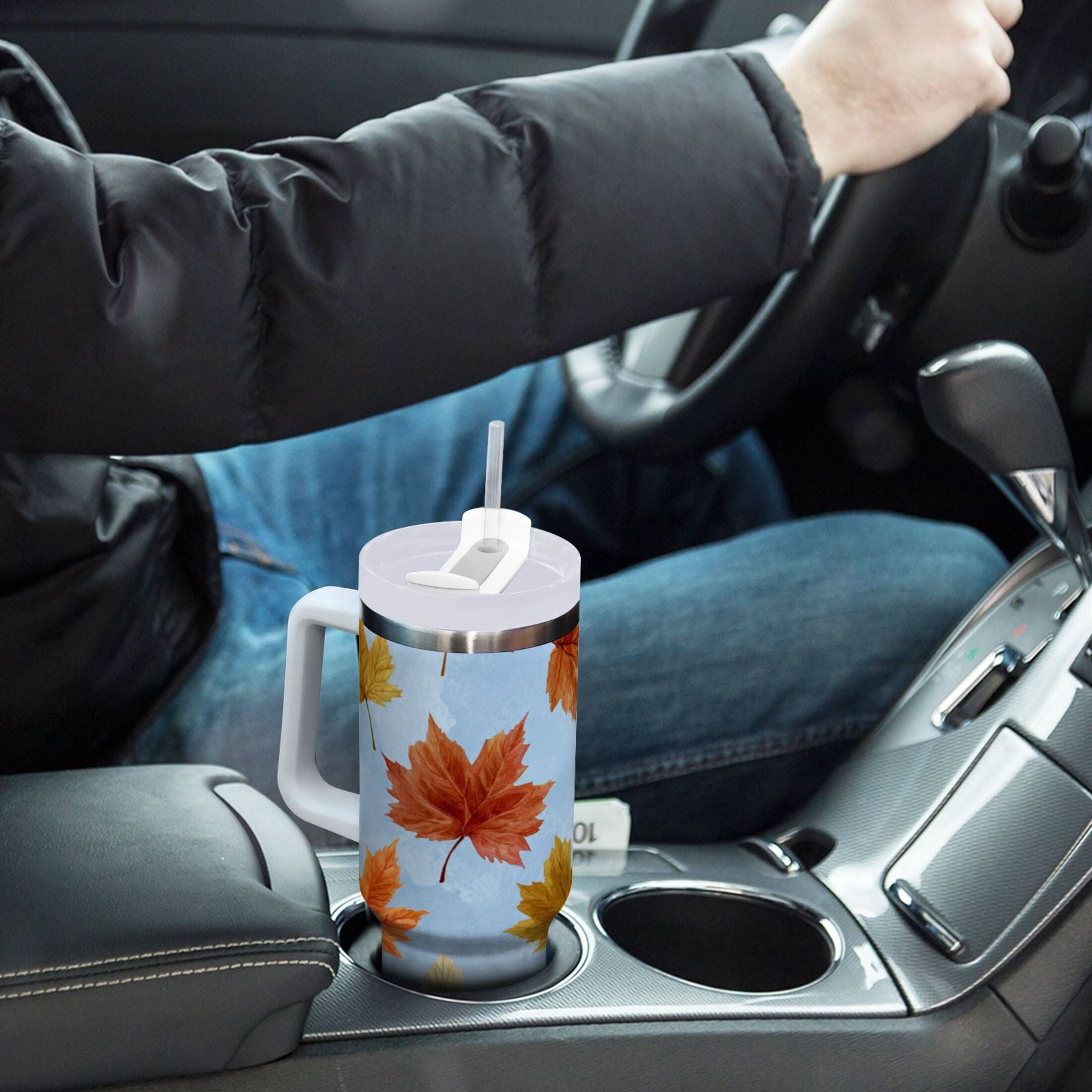 30 oz Insulated Stainless Steel Tumbler Double Wall Stainless Steel Tumbler with 2-Way Drinking Autumn Maple Leaves