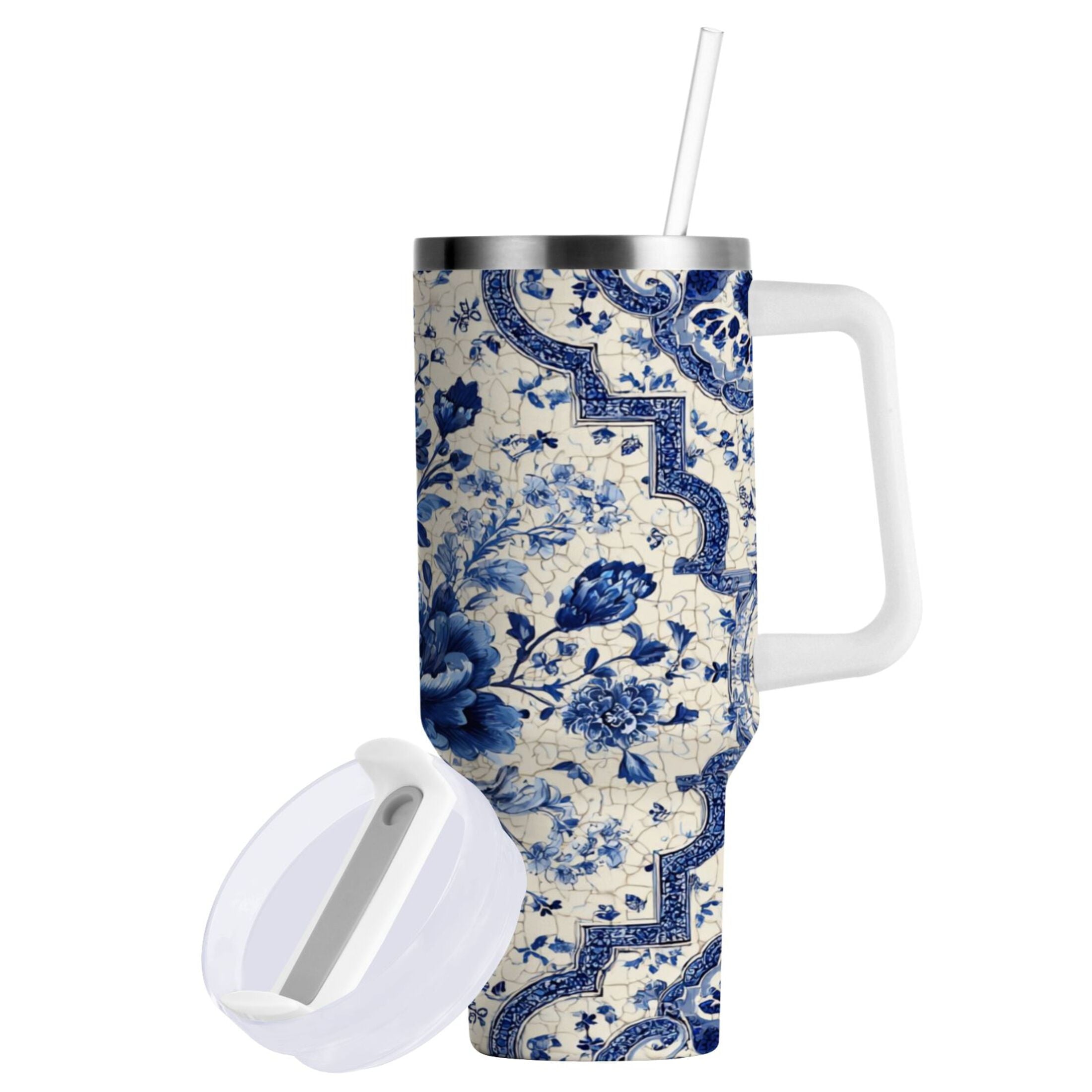 30 oz Insulated Stainless Steel Tumbler Double Wall Stainless Steel Tumbler with 2-Way Drinking Blue and White Porcelain-style