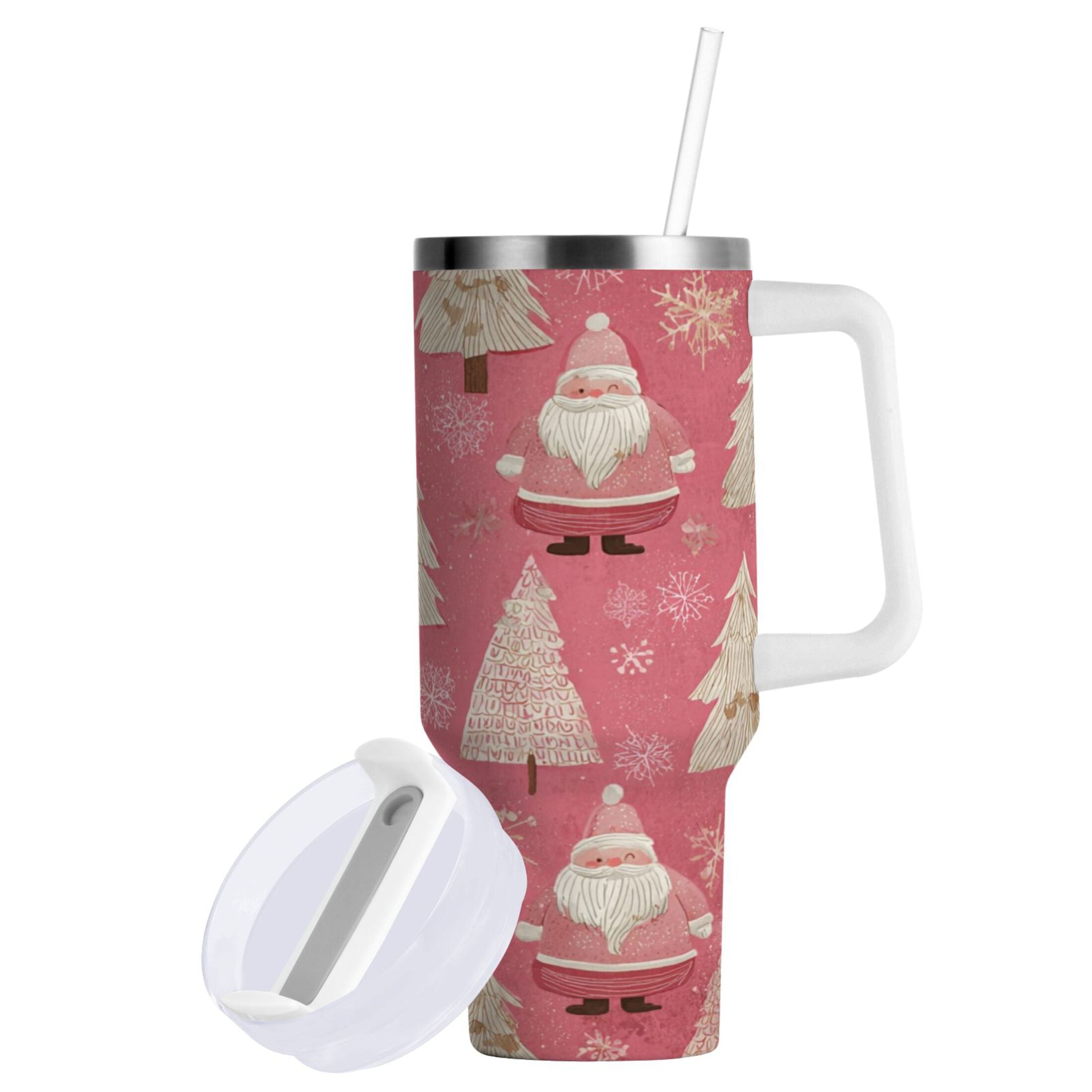 40 oz Insulated Stainless Steel Tumbler Double Wall Stainless Steel Tumbler with 2-Way Drinking Pink Santa Claus Pattern