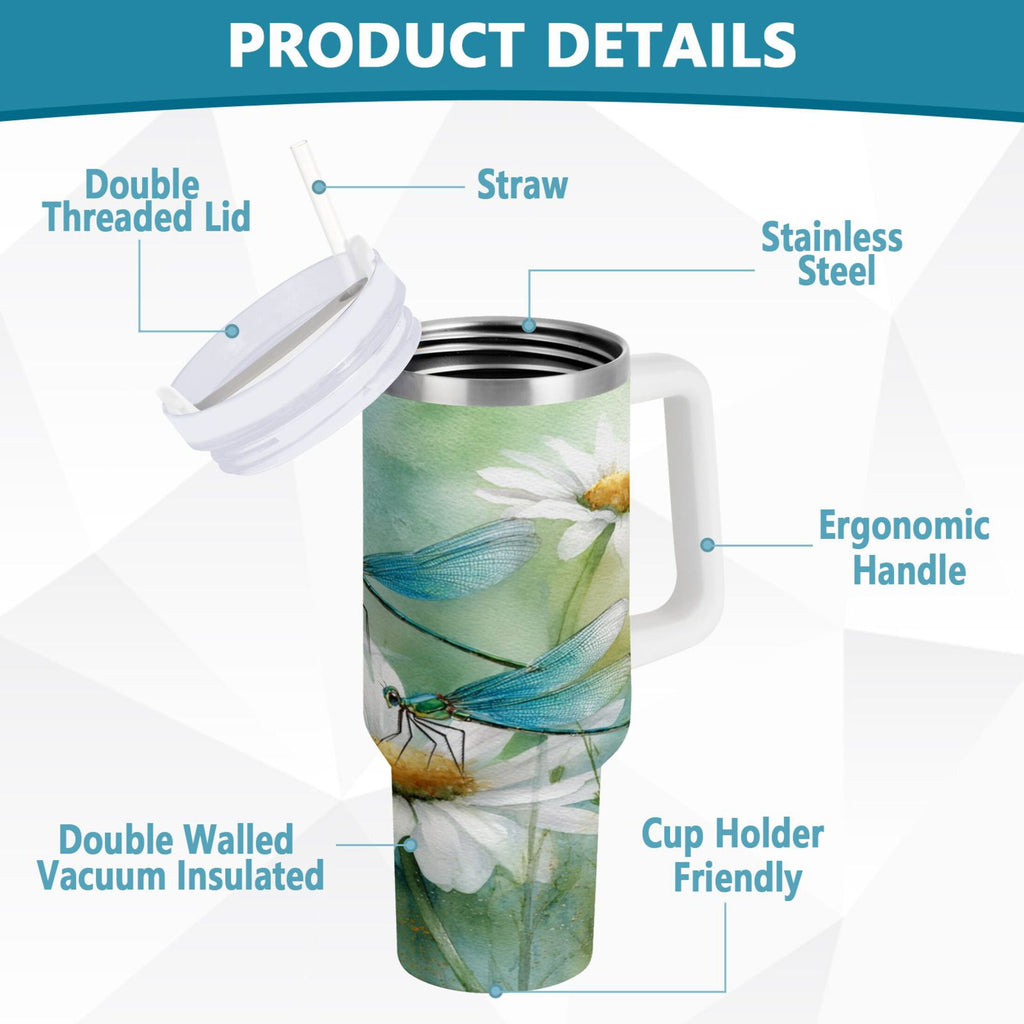 30 oz Insulated Stainless Steel Tumbler Double Wall Stainless Steel Tumbler with 2-Way Drinking Beautiful Dragonflies and Daisies