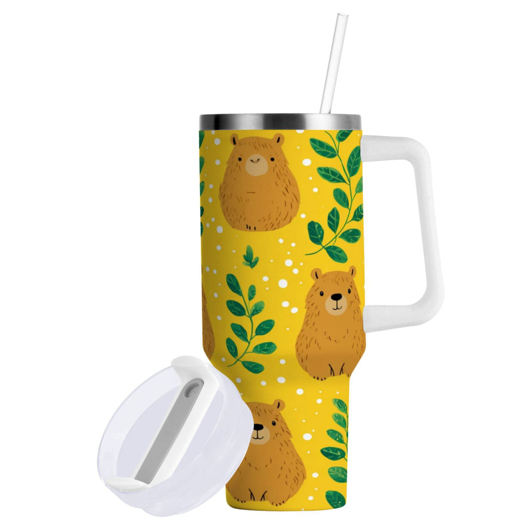 30 oz Insulated Stainless Steel Tumbler Double Wall Stainless Steel Tumbler with 2-Way Drinking Capybara and Green Leaves