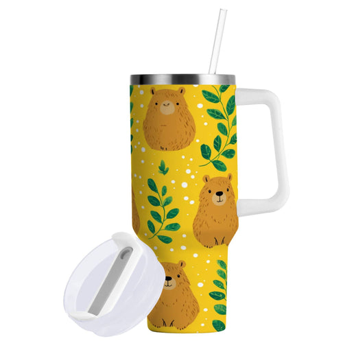 30 oz Insulated Stainless Steel Tumbler Double Wall Stainless Steel Tumbler with 2-Way Drinking Capybara and Green Leaves