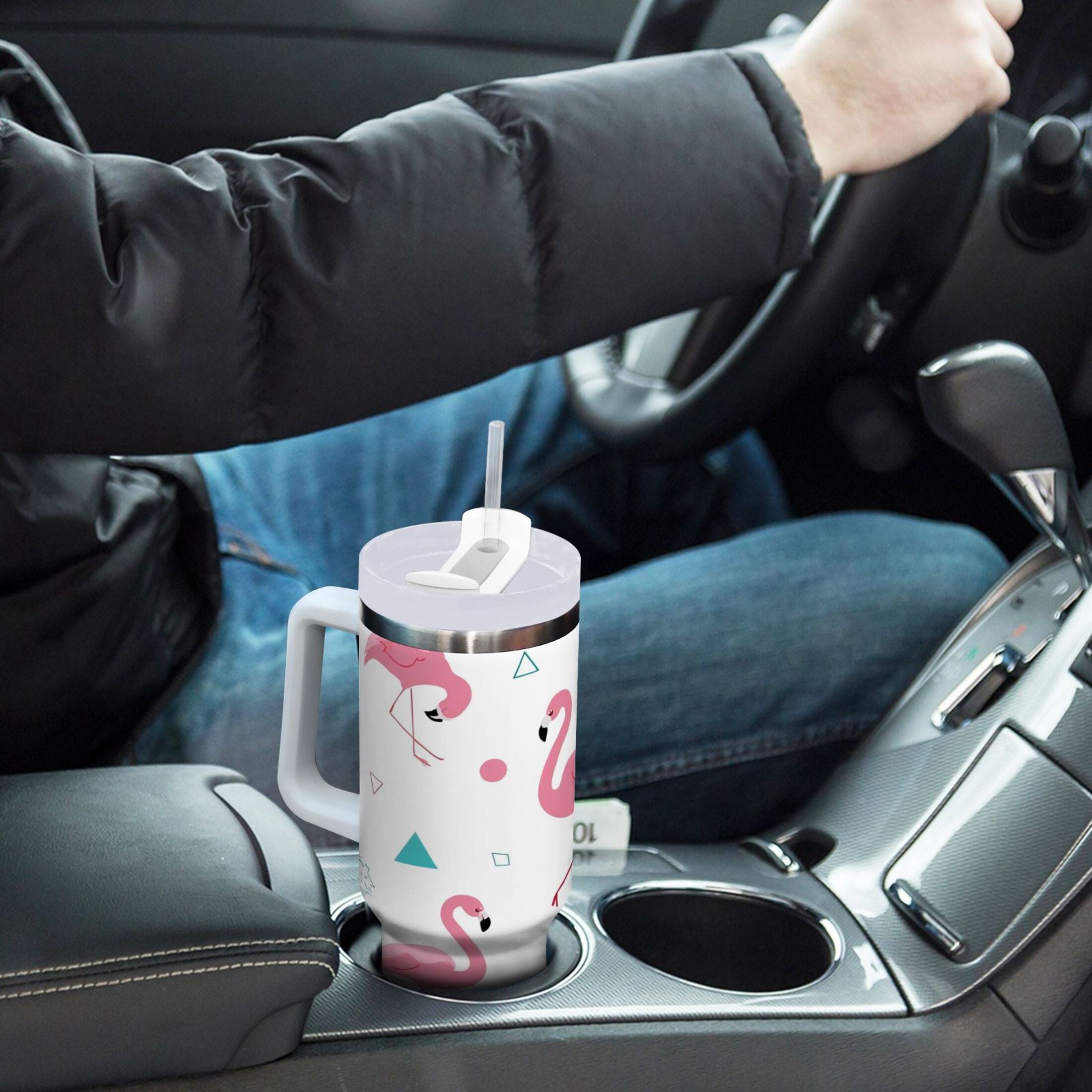 40 oz Insulated Stainless Steel Tumbler Double Wall Stainless Steel Tumbler with 2-Way Drinking Cute Flamingo Pattern