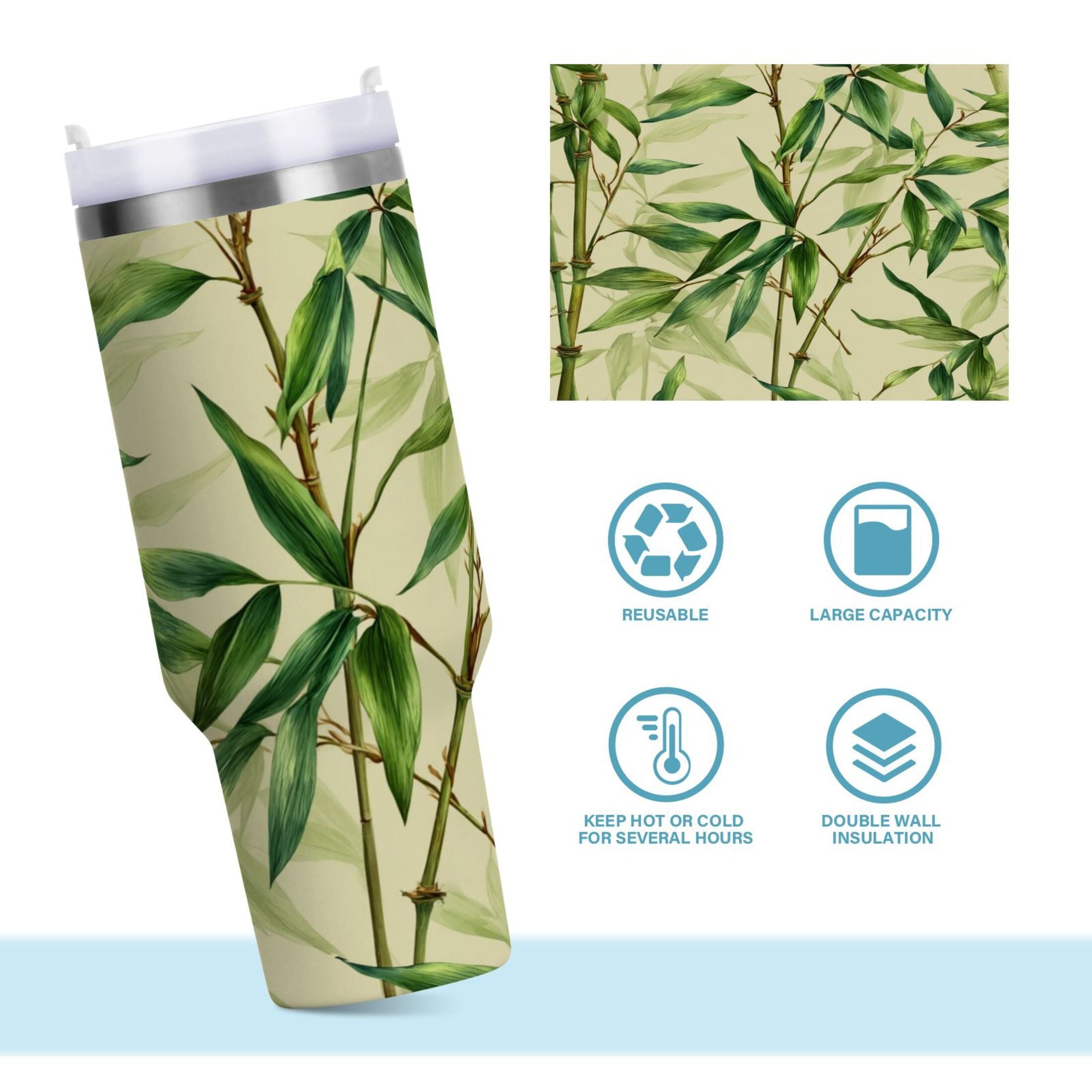 30 oz Insulated Stainless Steel Tumbler Double Wall Stainless Steel Tumbler with 2-Way Drinking Bamboo Pattern