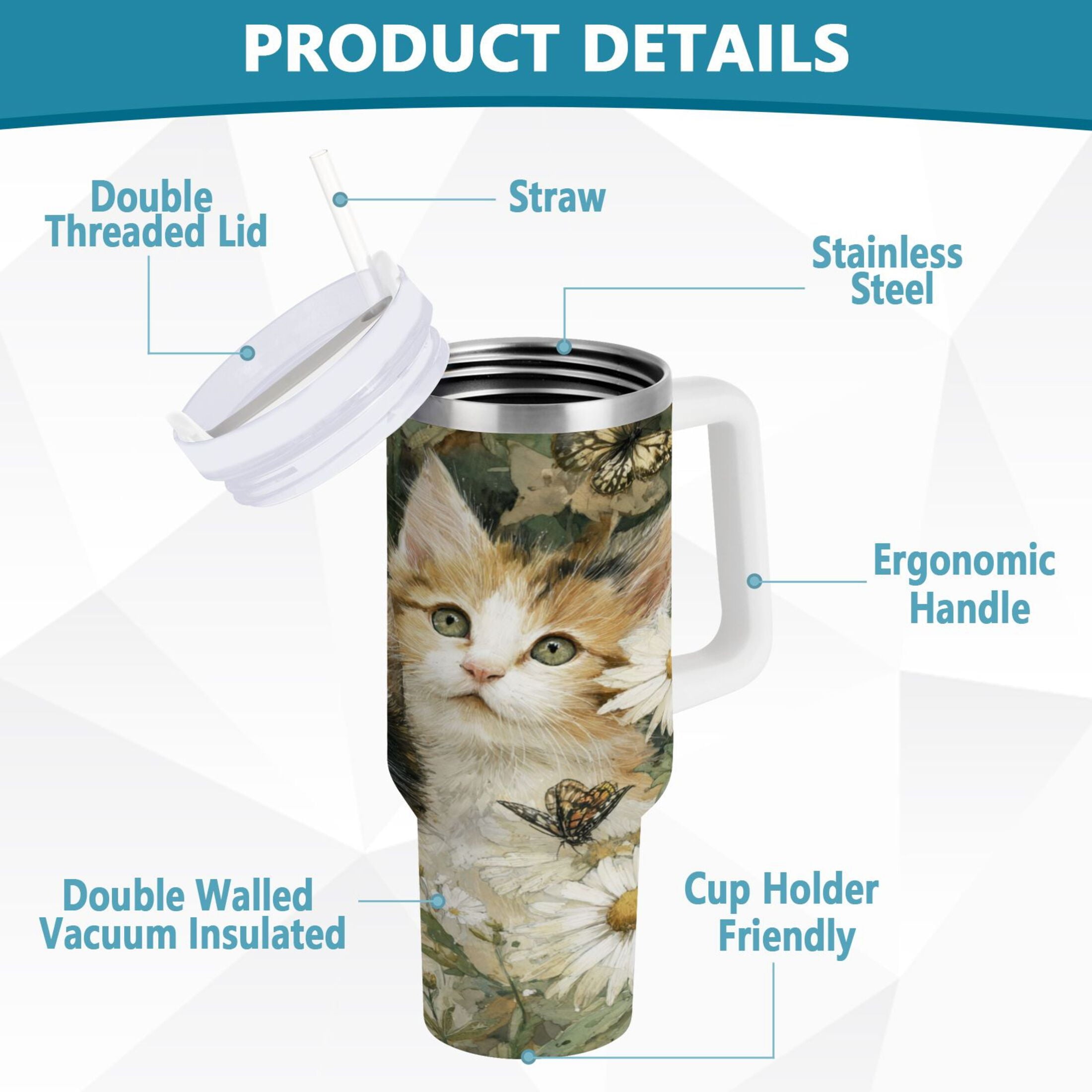 30 oz Insulated Stainless Steel Tumbler Double Wall Stainless Steel Tumbler with 2-Way Drinking Adorable Cats and Daisies