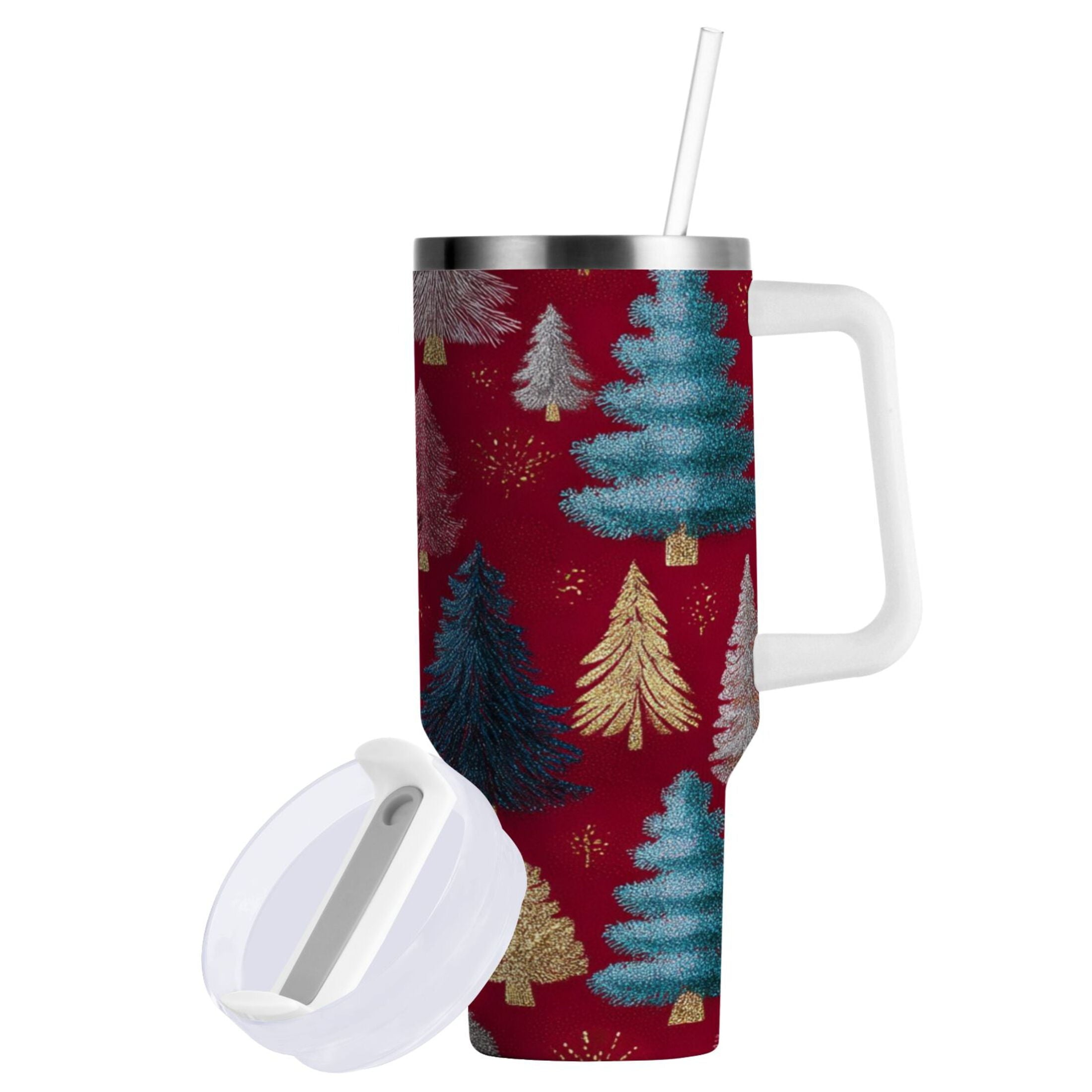 30 oz Insulated Stainless Steel Tumbler Double Wall Stainless Steel Tumbler with 2-Way Drinking Stylized Christmas Trees
