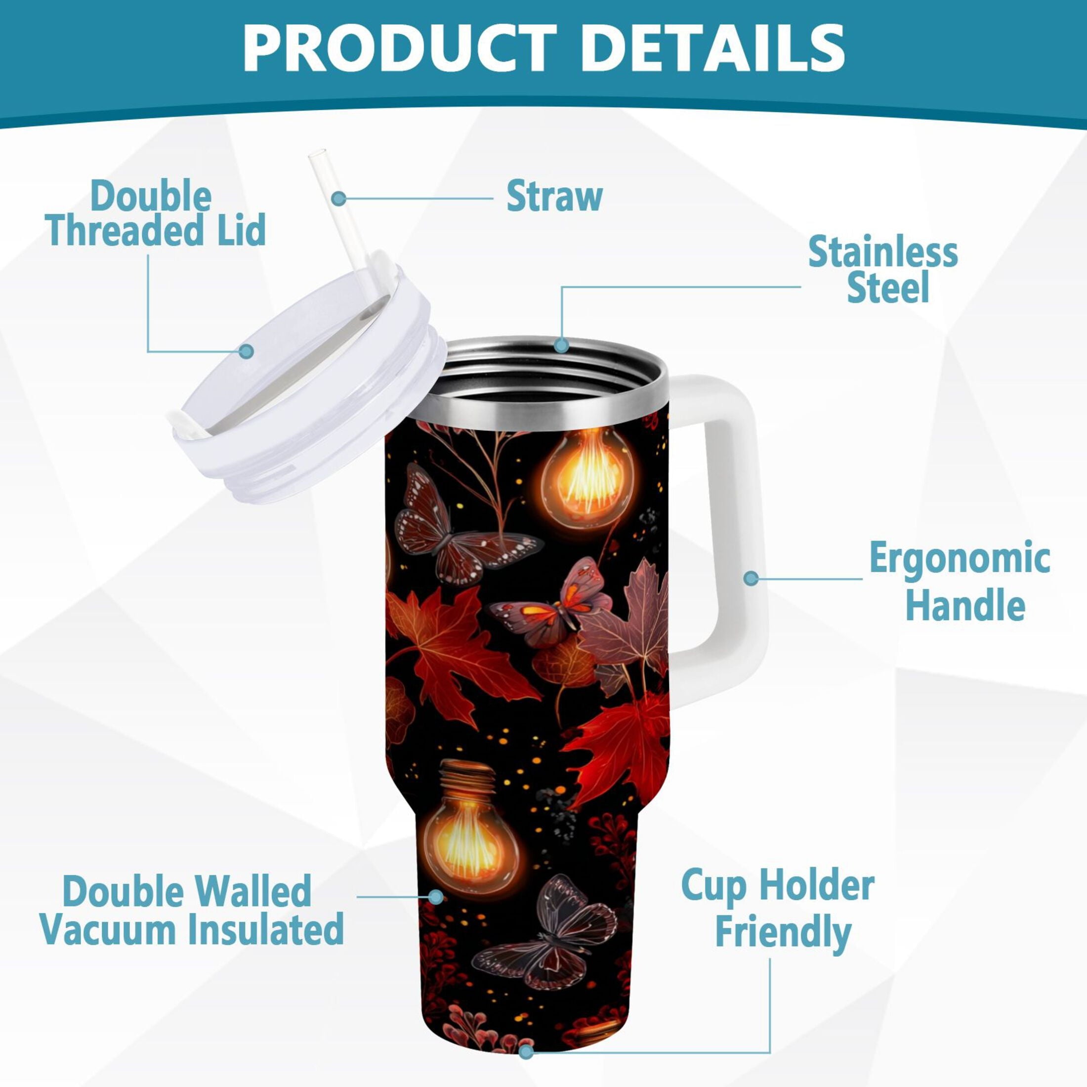 40 oz Insulated Stainless Steel Tumbler Double Wall Stainless Steel Tumbler with 2-Way Drinking Light Bulbs and Maple Leaves