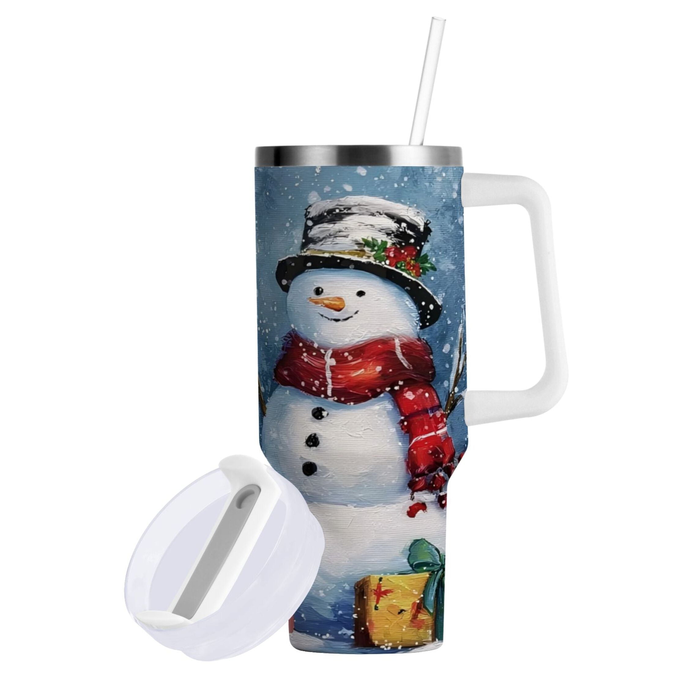 30 oz Insulated Stainless Steel Tumbler Double Wall Stainless Steel Tumbler with 2-Way Drinking Christmas Scene with Snowman