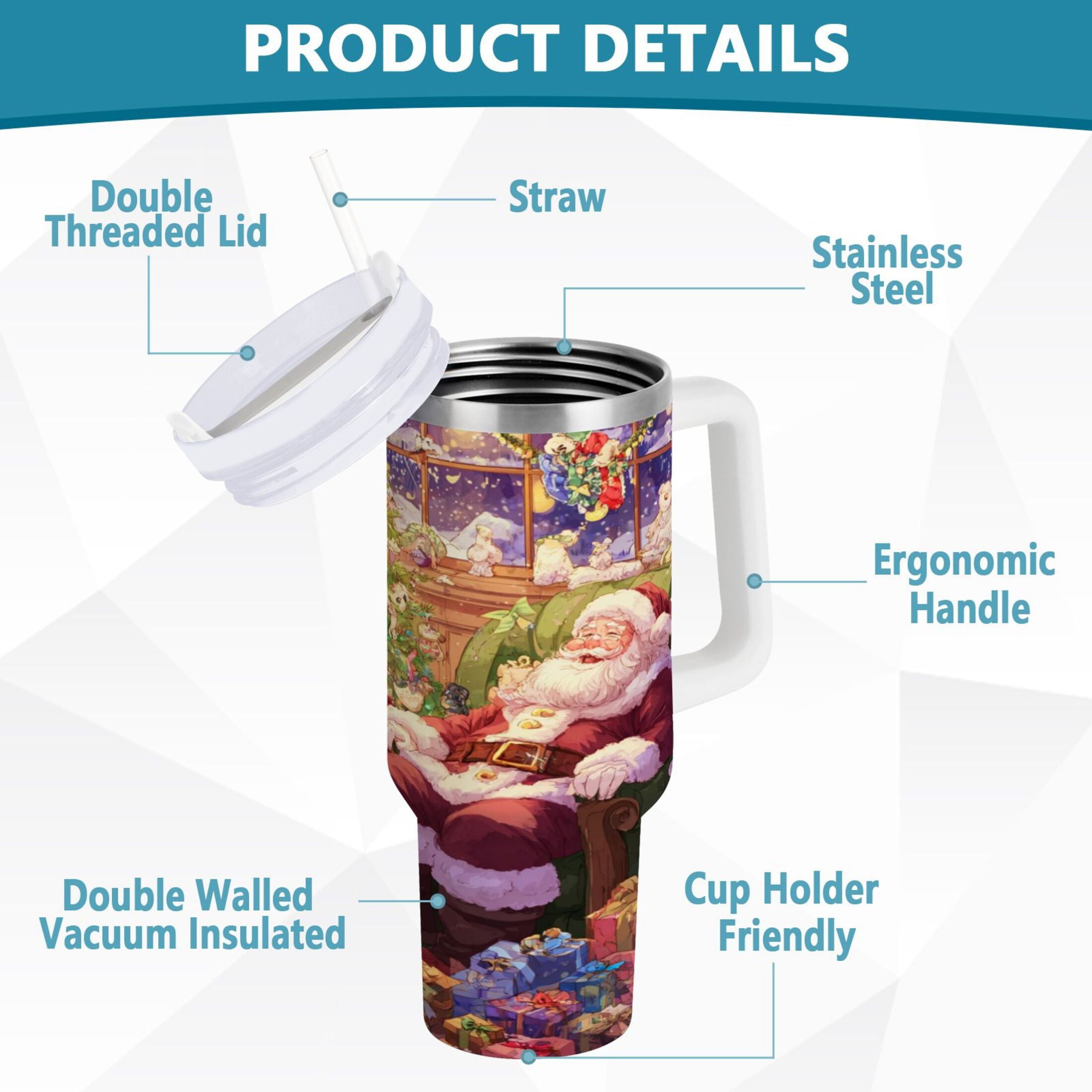 40 oz Insulated Stainless Steel Tumbler Double Wall Stainless Steel Tumbler with 2-Way Drinking Festive Christmas Scene