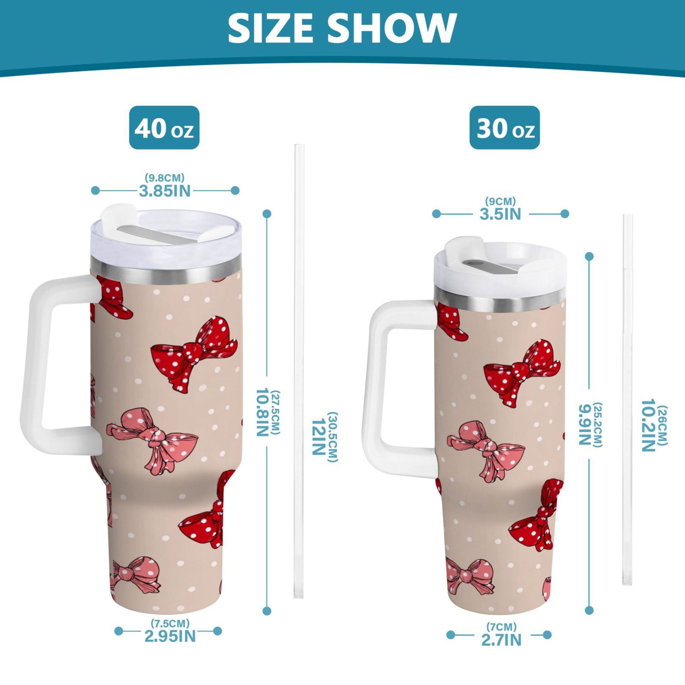 30 oz Insulated Stainless Steel Tumbler Double Wall Stainless Steel Tumbler with 2-Way Drinking Cute Red Bows Pattern