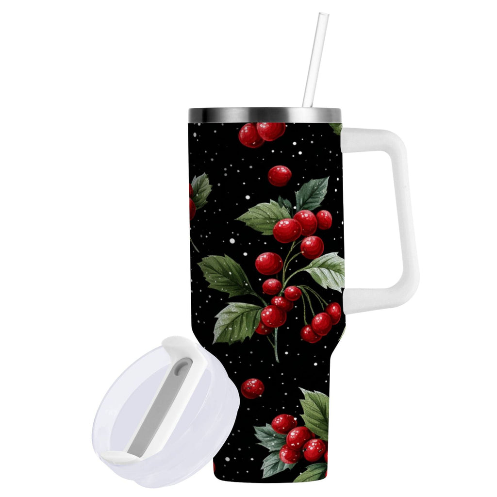 40 oz Insulated Stainless Steel Tumbler Double Wall Stainless Steel Tumbler with 2-Way Drinking Red Holly Berries Pattern