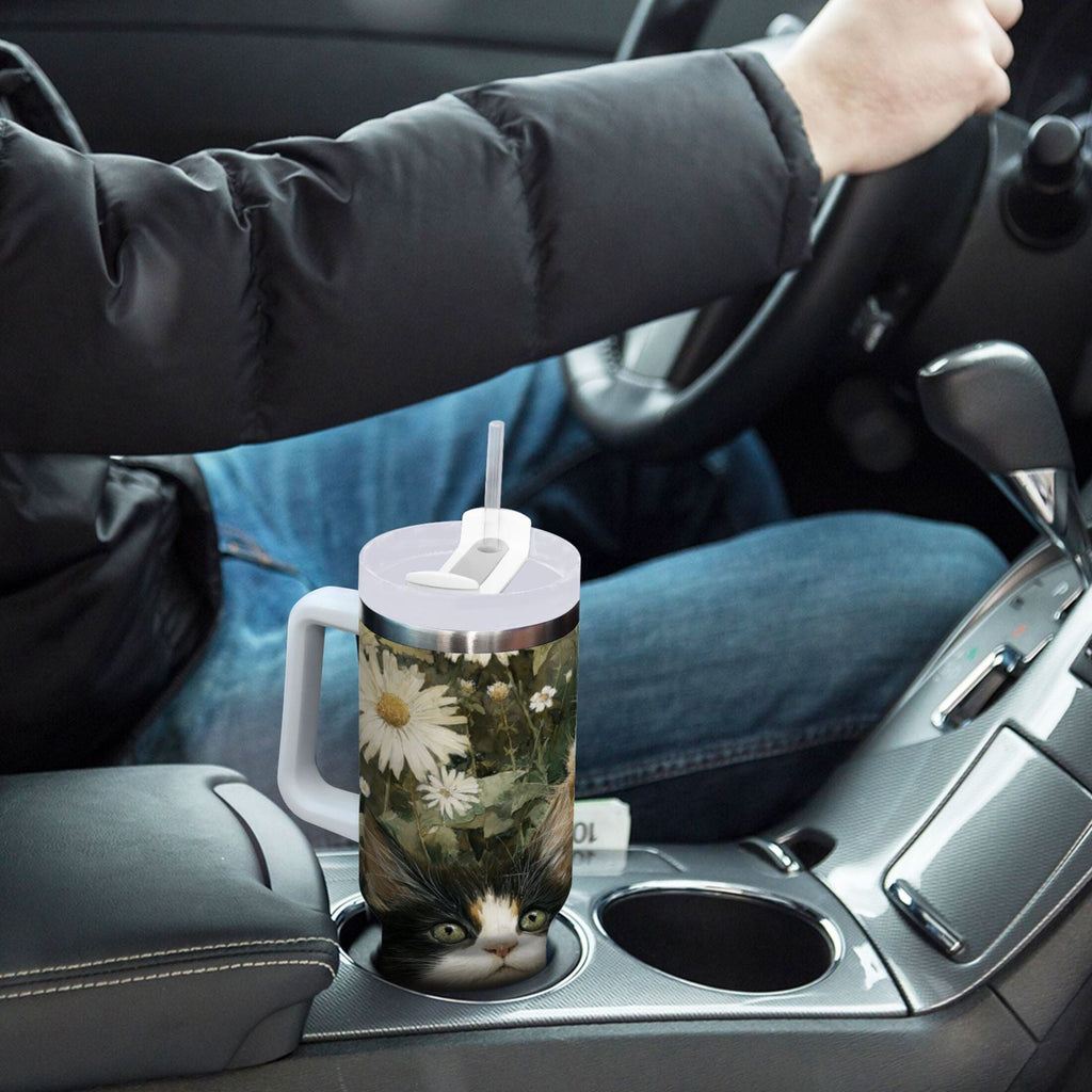 30 oz Insulated Stainless Steel Tumbler Double Wall Stainless Steel Tumbler with 2-Way Drinking Adorable Cats and Daisies