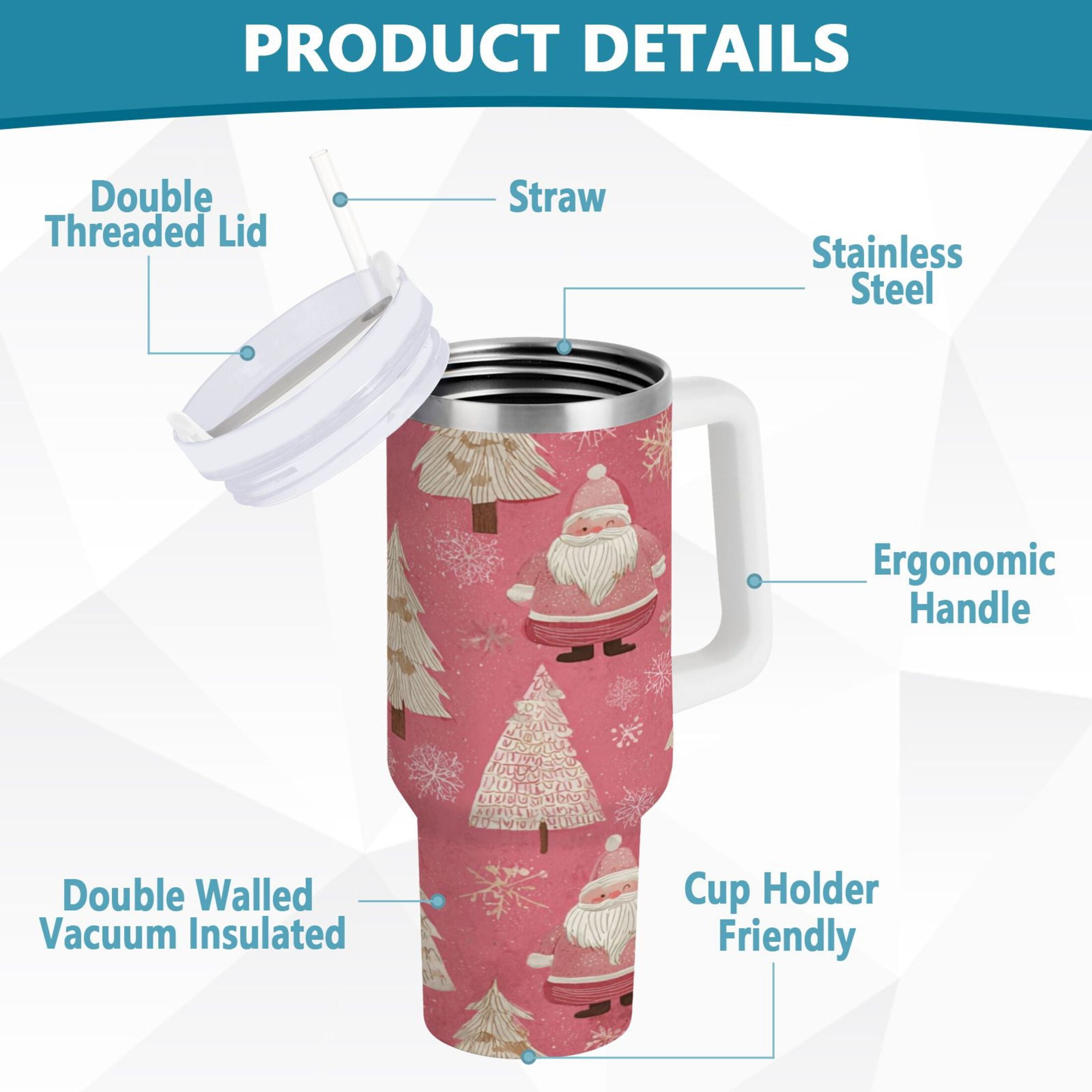 40 oz Insulated Stainless Steel Tumbler Double Wall Stainless Steel Tumbler with 2-Way Drinking Pink Santa Claus Pattern