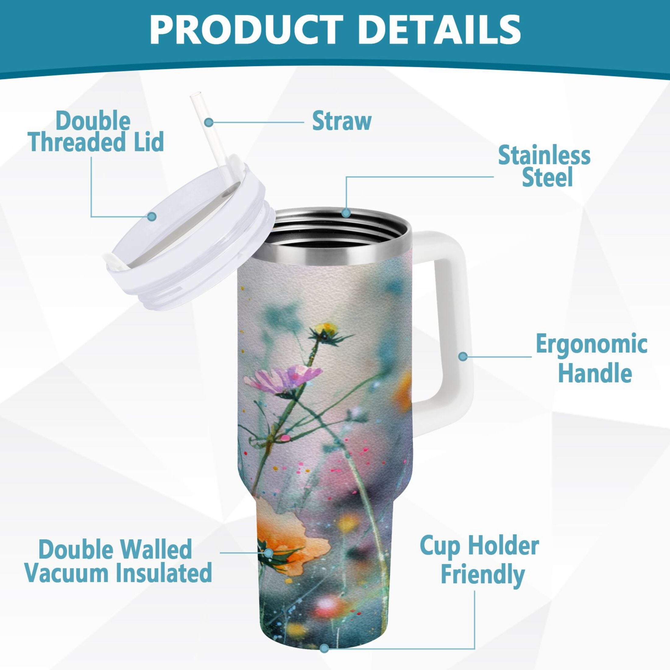 40 oz Insulated Stainless Steel Tumbler Double Wall Stainless Steel Tumbler with 2-Way Drinking Abstract Wildflowers