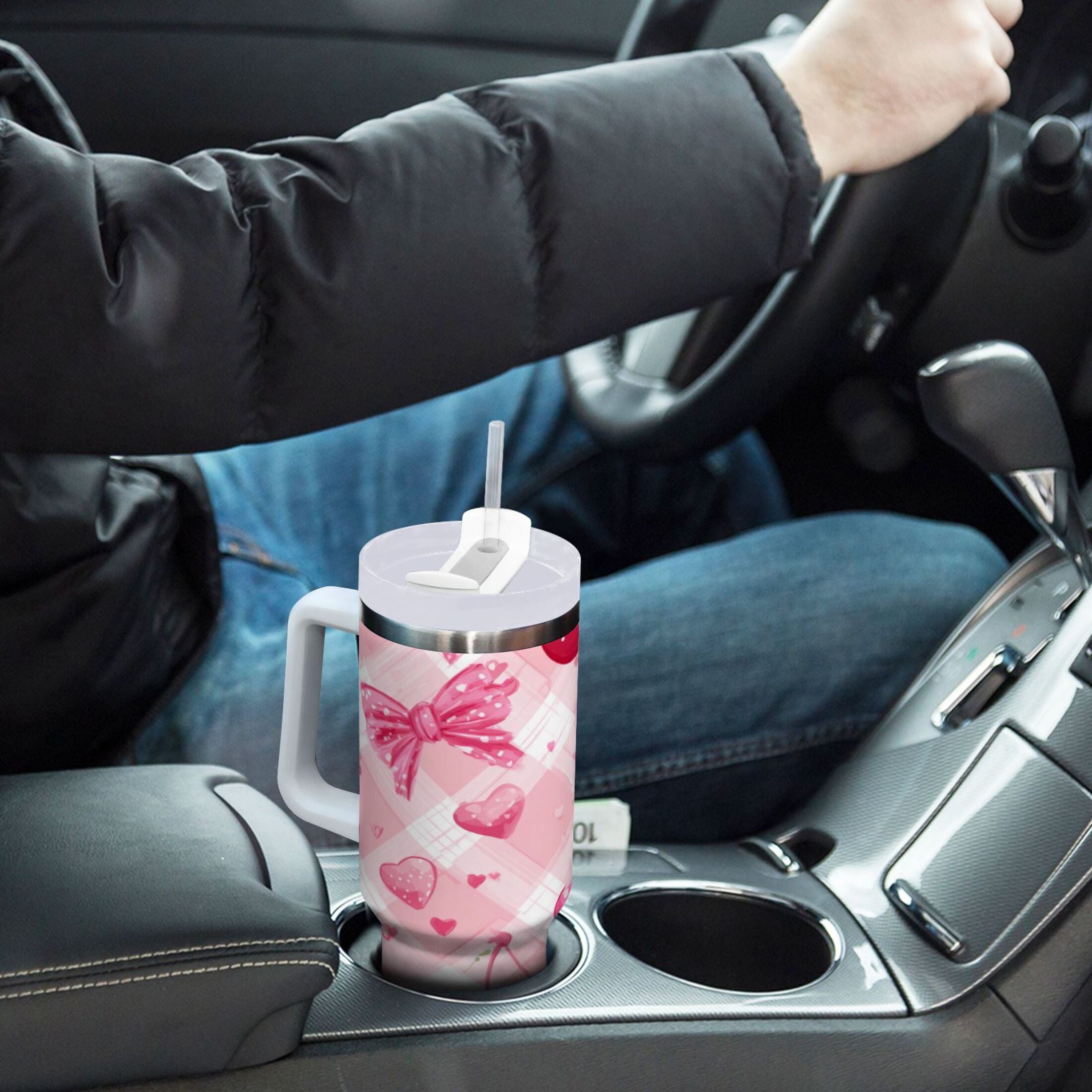 30 oz Insulated Stainless Steel Tumbler Double Wall Stainless Steel Tumbler with 2-Way Drinking Cherry and Pink Bow Pattern