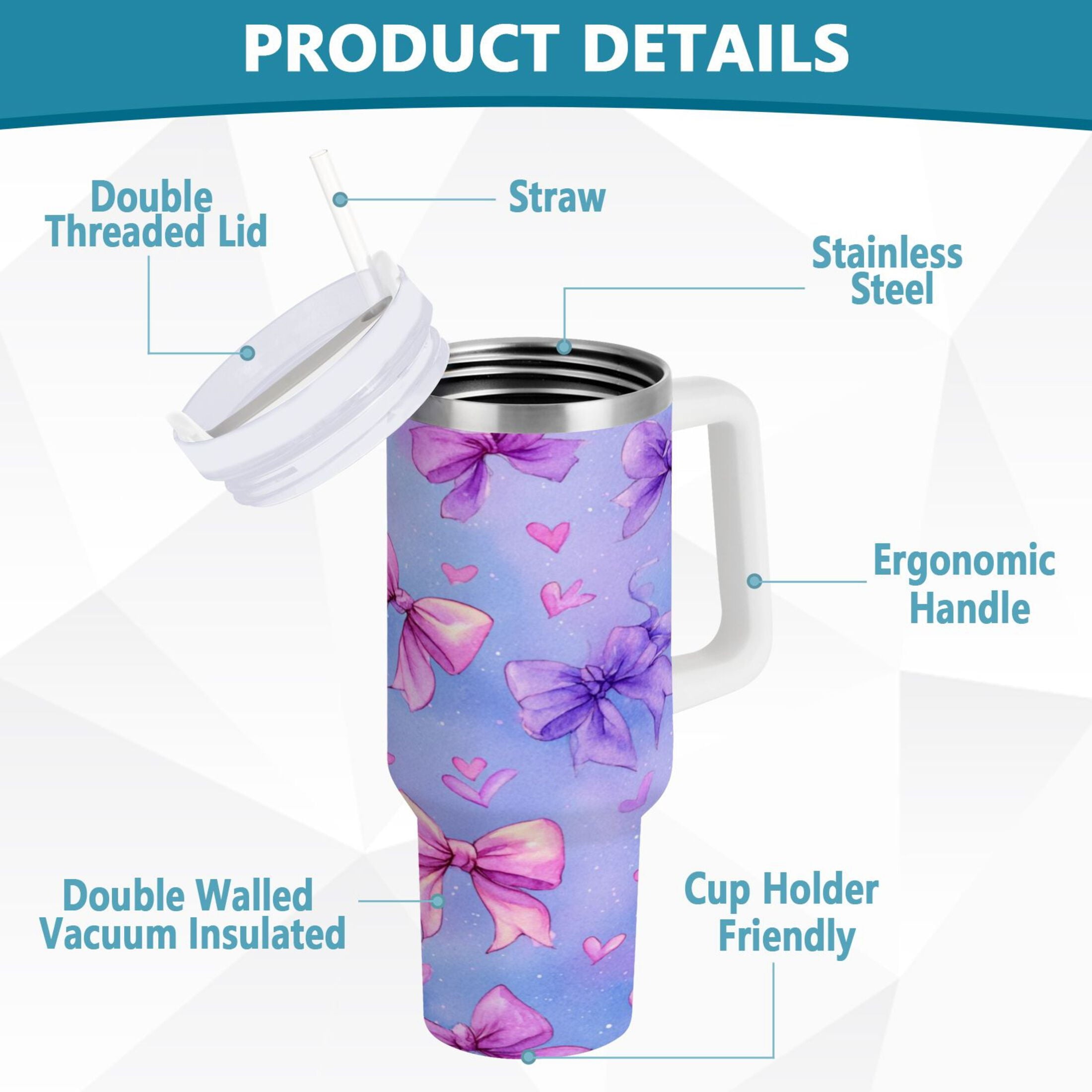 30 oz Insulated Stainless Steel Tumbler Double Wall Stainless Steel Tumbler with 2-Way Drinking Watercolor Bows Pattern
