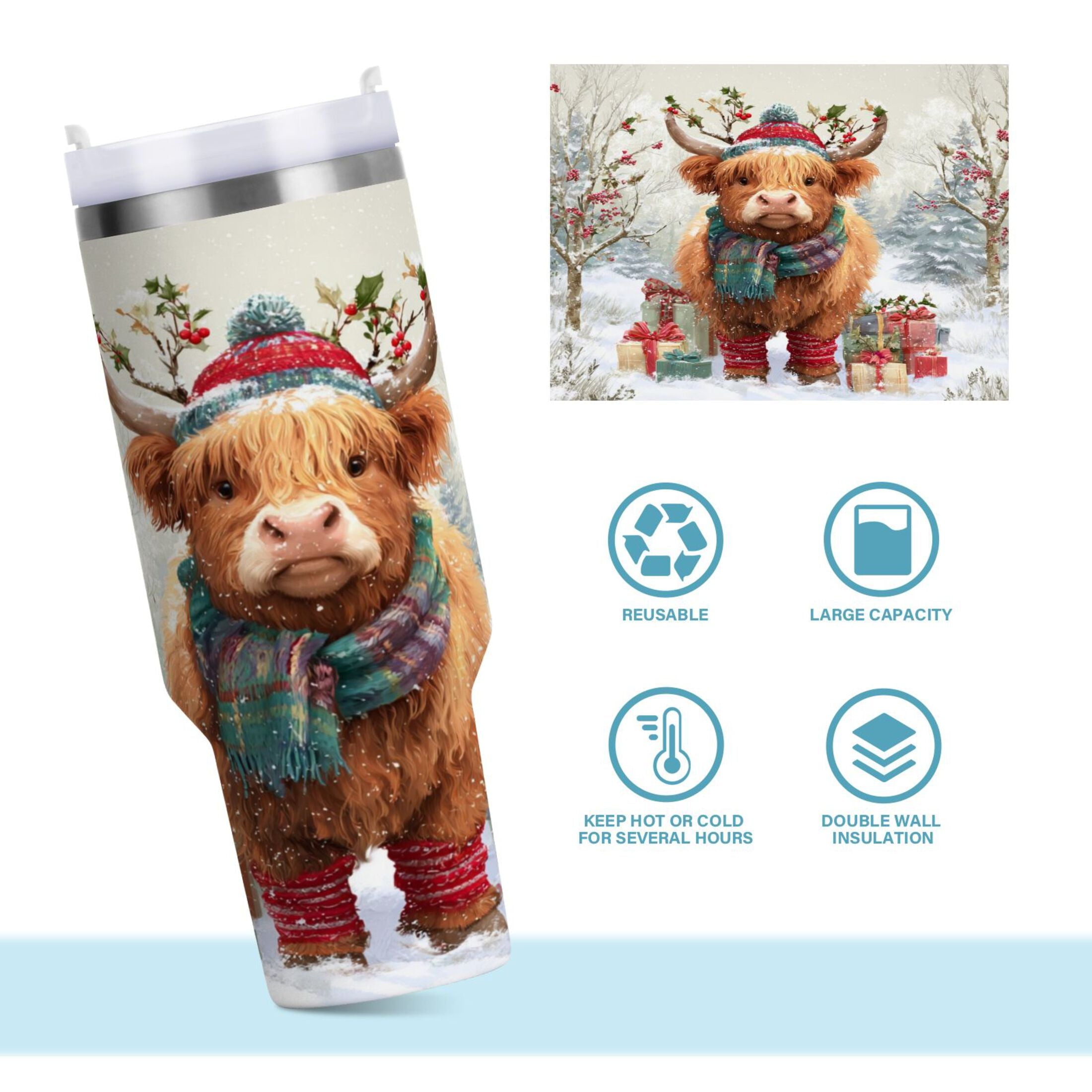 30 oz Insulated Stainless Steel Tumbler Double Wall Stainless Steel Tumbler with 2-Way Drinking Cow Wearing Christmas Hat