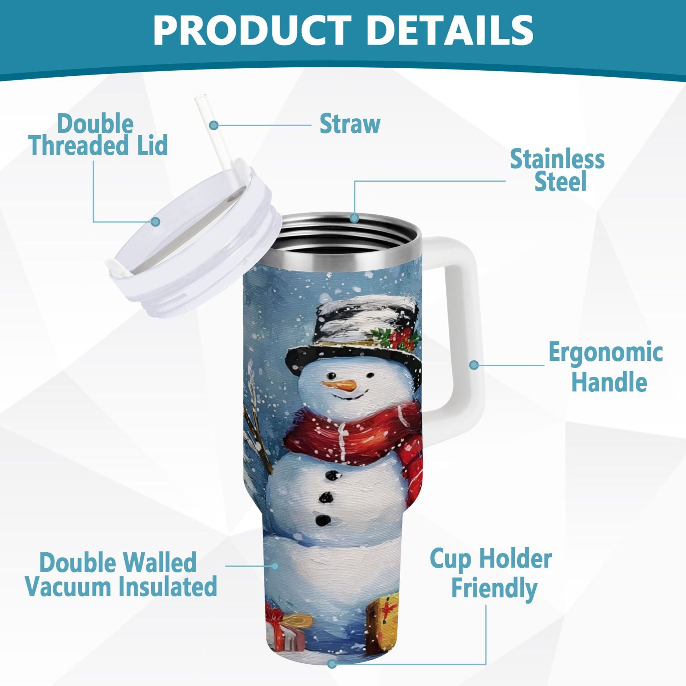 30 oz Insulated Stainless Steel Tumbler Double Wall Stainless Steel Tumbler with 2-Way Drinking Christmas Scene with Snowman