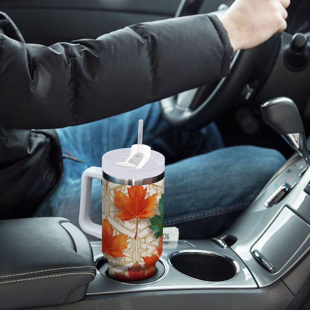 30 oz Insulated Stainless Steel Tumbler Double Wall Stainless Steel Tumbler with 2-Way Drinking Green and Red Maple Leaves