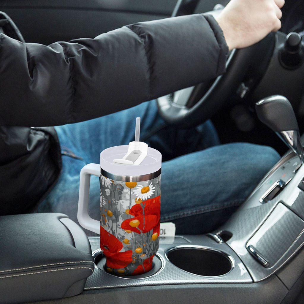 40 oz Insulated Stainless Steel Tumbler Double Wall Stainless Steel Tumbler with 2-Way Drinking Red Flowers and Daisies