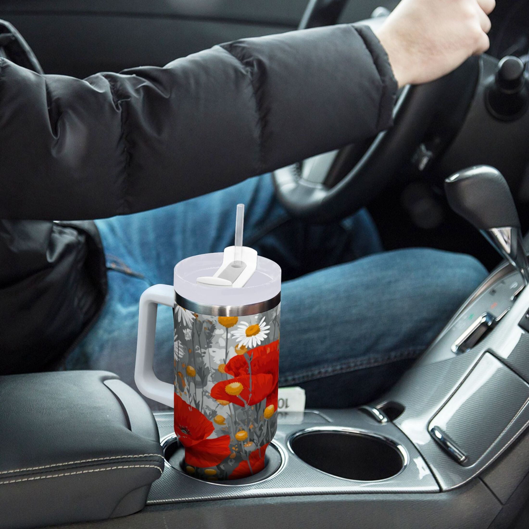40 oz Insulated Stainless Steel Tumbler Double Wall Stainless Steel Tumbler with 2-Way Drinking Red Flowers and Daisies
